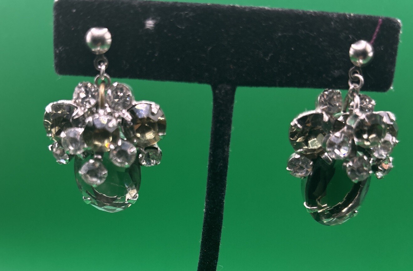 Vintage Clear Gray Prong Set Rhinestone Cluster Post Earrings