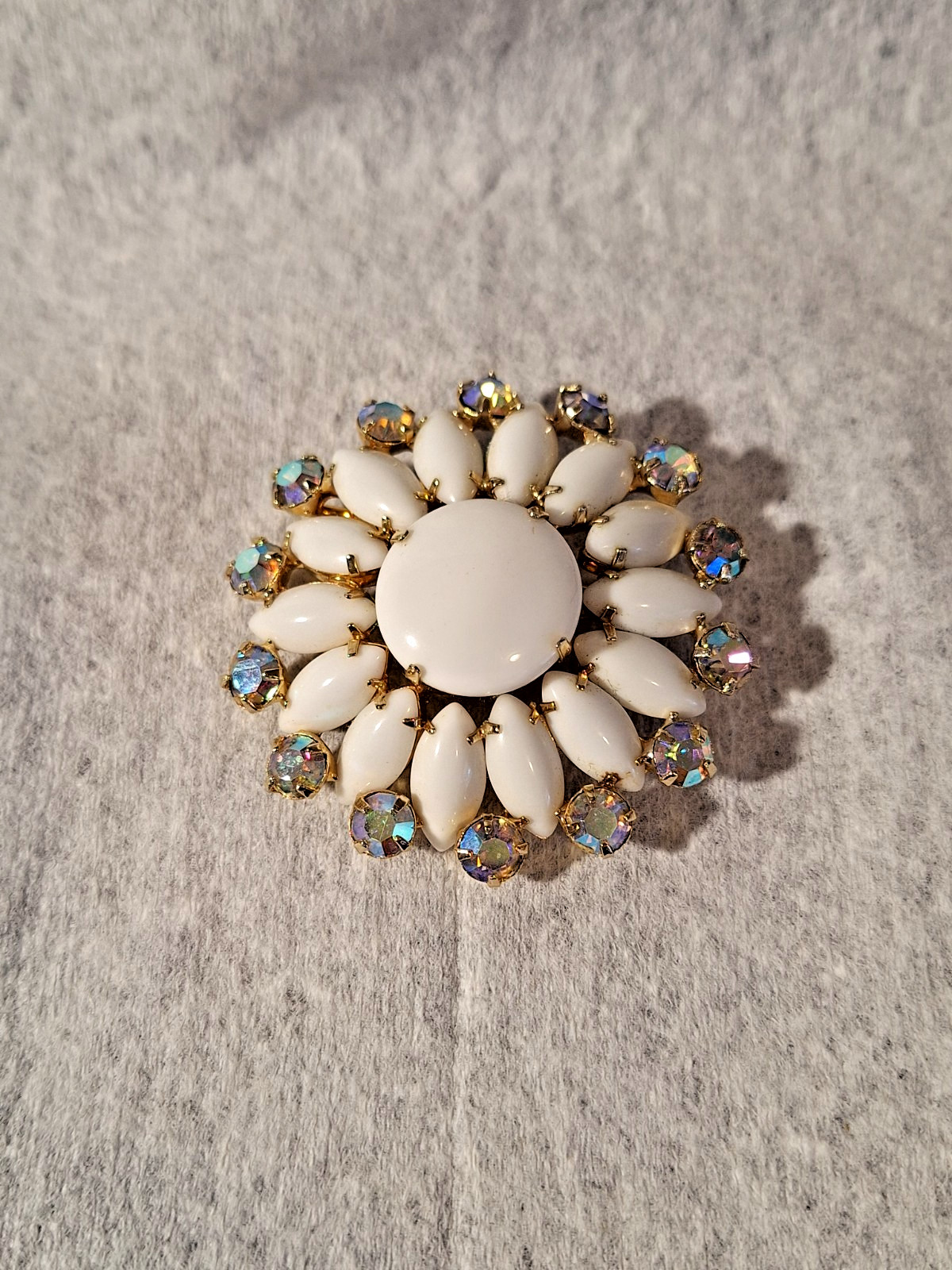 Vtg DeLizza-Elster-Juliana Blue & Cream Milk Glass & AB Stones Cabochon Brooches
