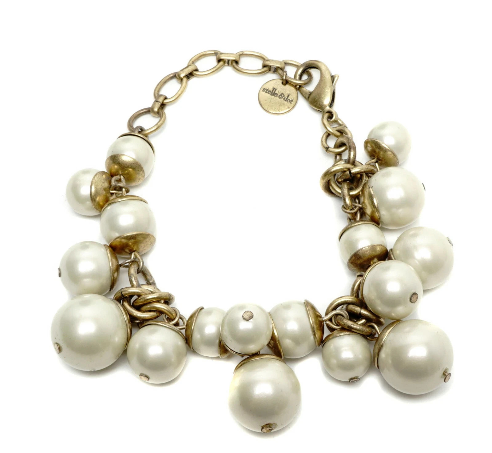 STELLA & DOT DAPHNE FAUX PEARL BEAD CHA CHA 9.5″ BRACELET MCM GOLD CHAIN LINK EU