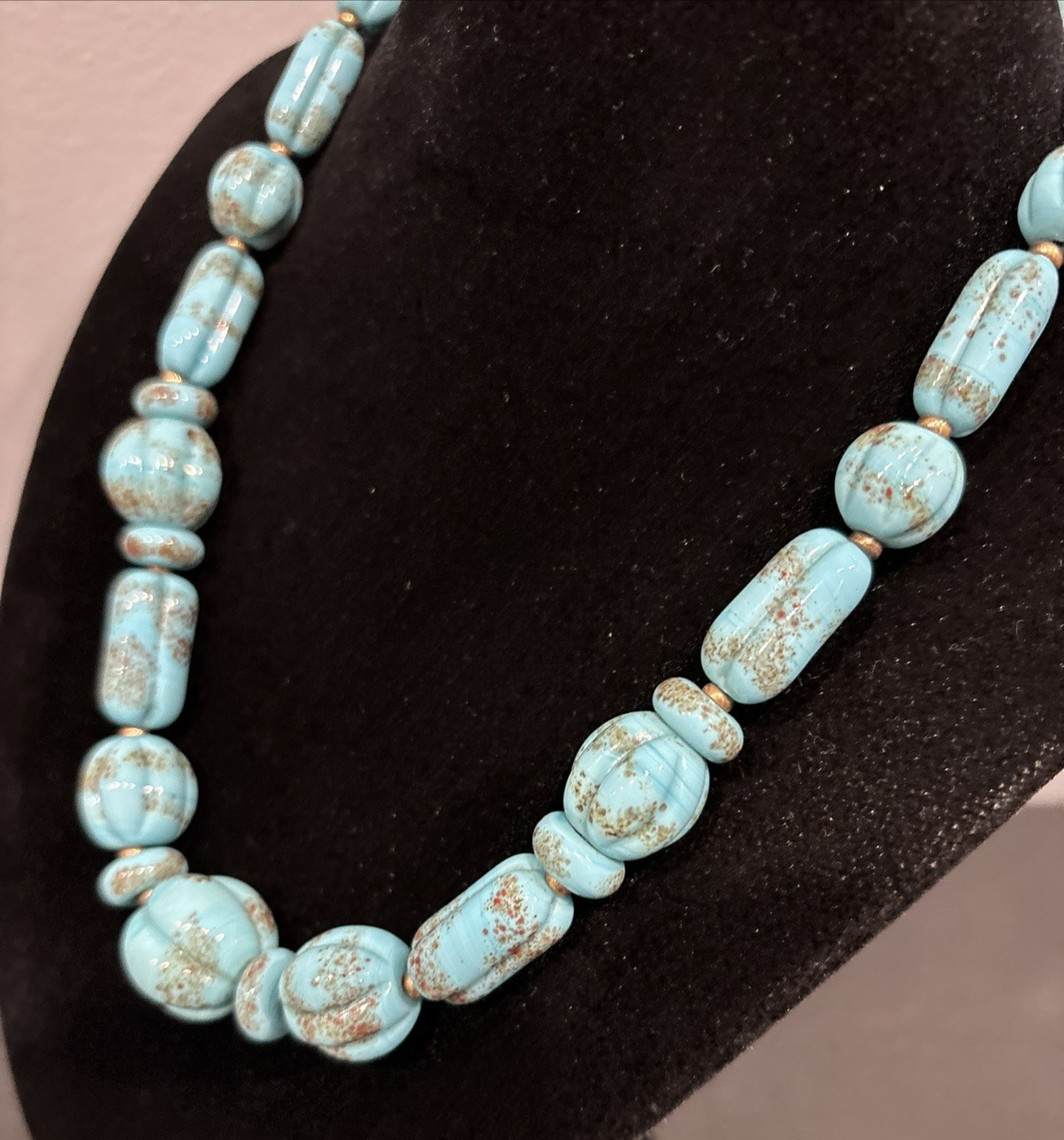 Antique Faux Turquoise Slag Glass Bead Beaded 16 1/2″ Necklace Textured Beads
