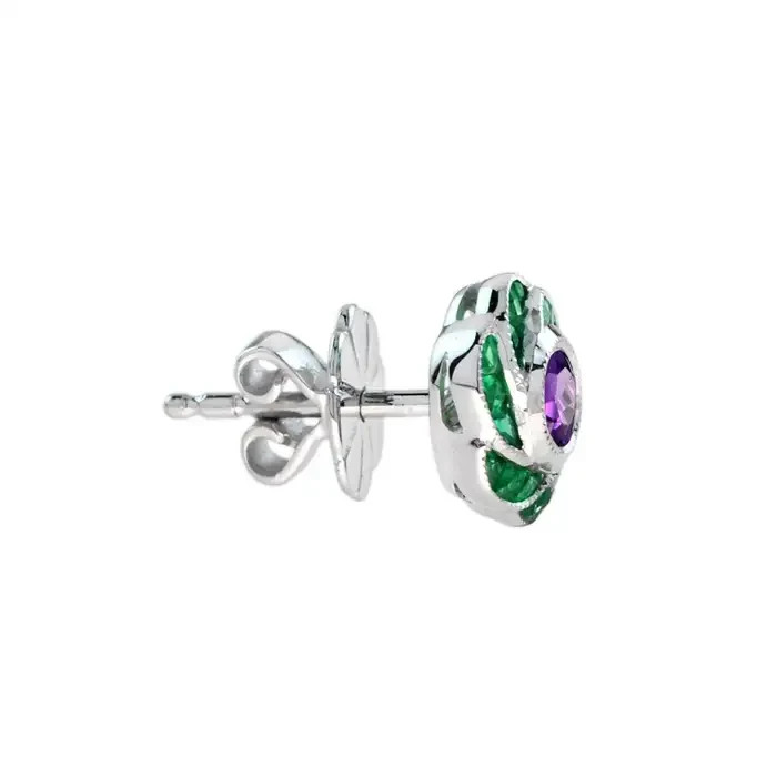 Art Deco Style Round Amethyst and Emerald Floral Stud Earrings 14K White Gold FN