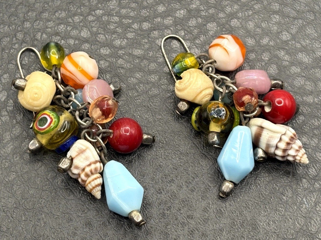 Vintage Multicolor Italian Art Glass Bead Charm Dangle Drop Earrings Shell