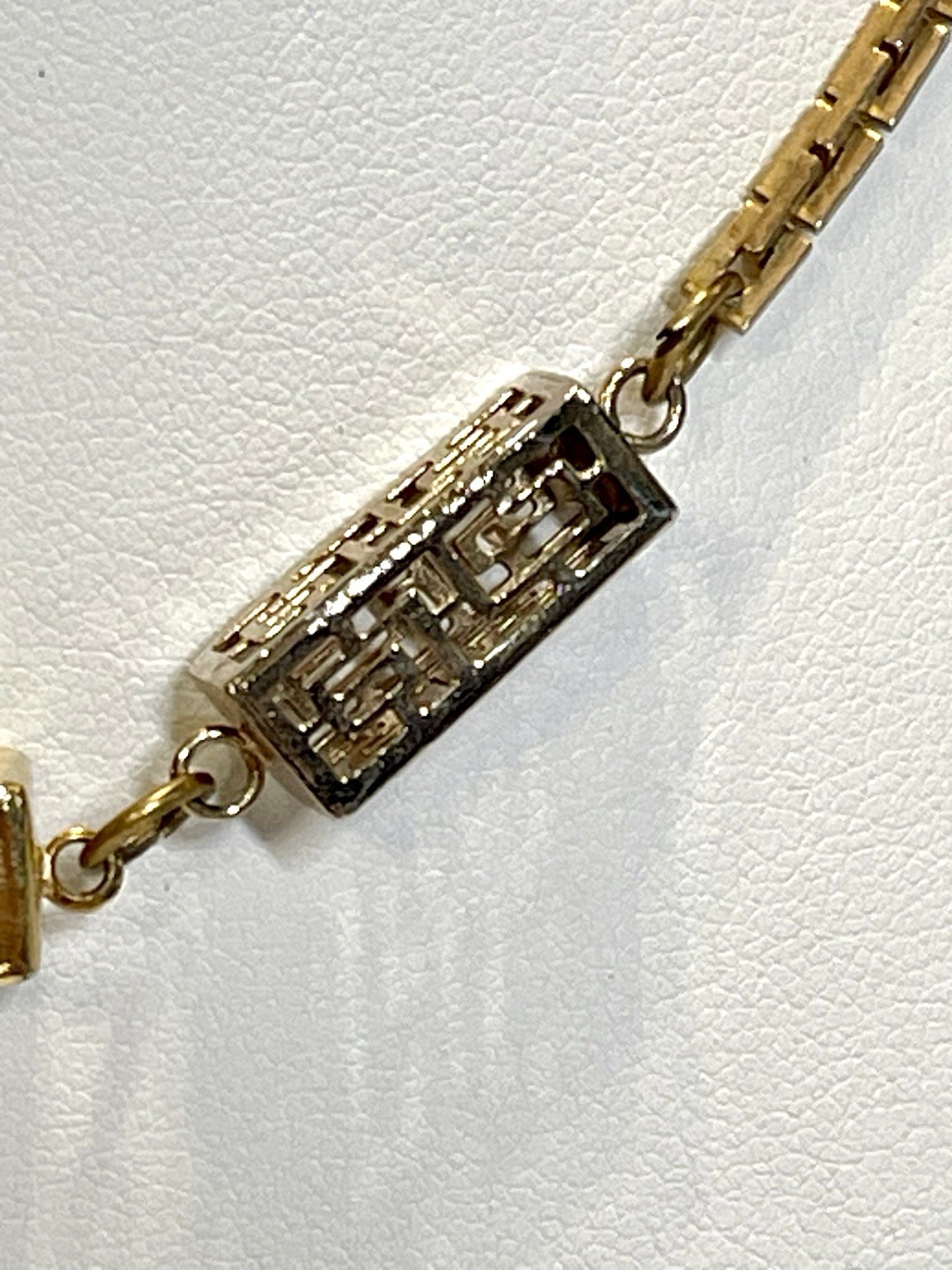 Vintage Faux Ivory and Gold tone Asian Filigree Box Link Necklace 14″