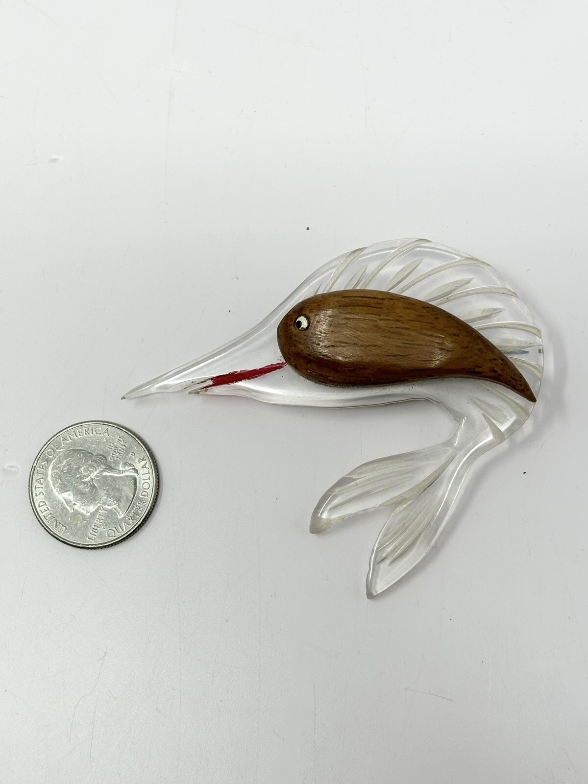 Vintage Carved Lucite And Wood Swordfish Fish Brooch Pin With Painted Details