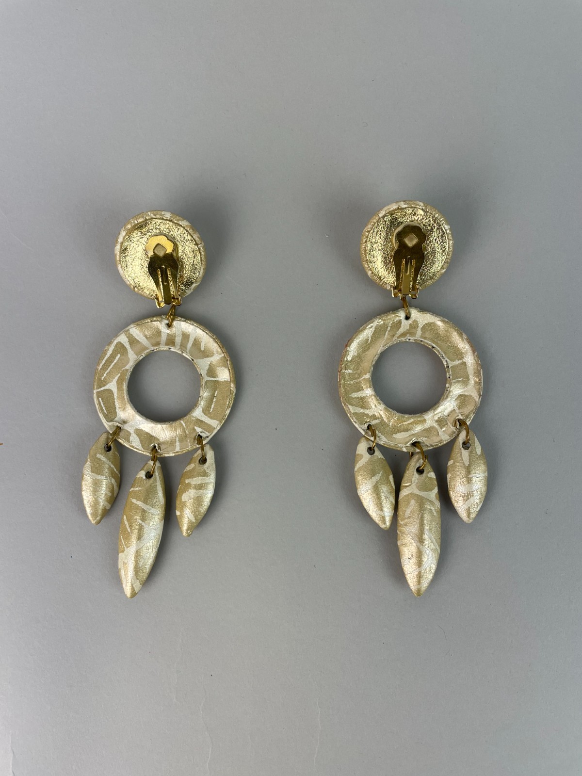 Vintage 80s HUGE Leather and Rhinestone beaded Clip earrings STATEMENT 5″ X 1.8″