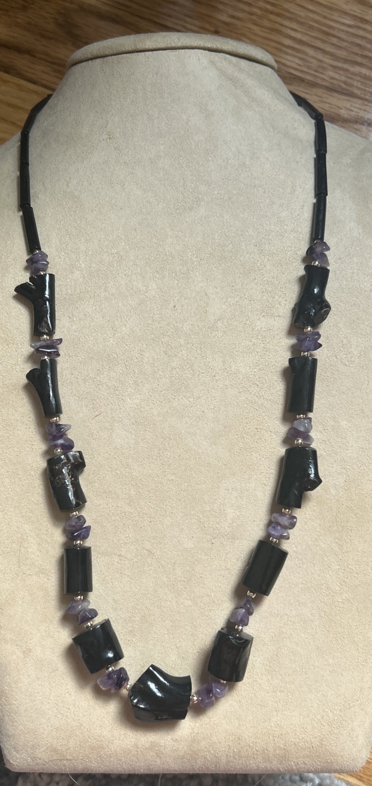 Vintage estate Hawaiian black coral Amythest 28”necklace Genuine & Rare Piece