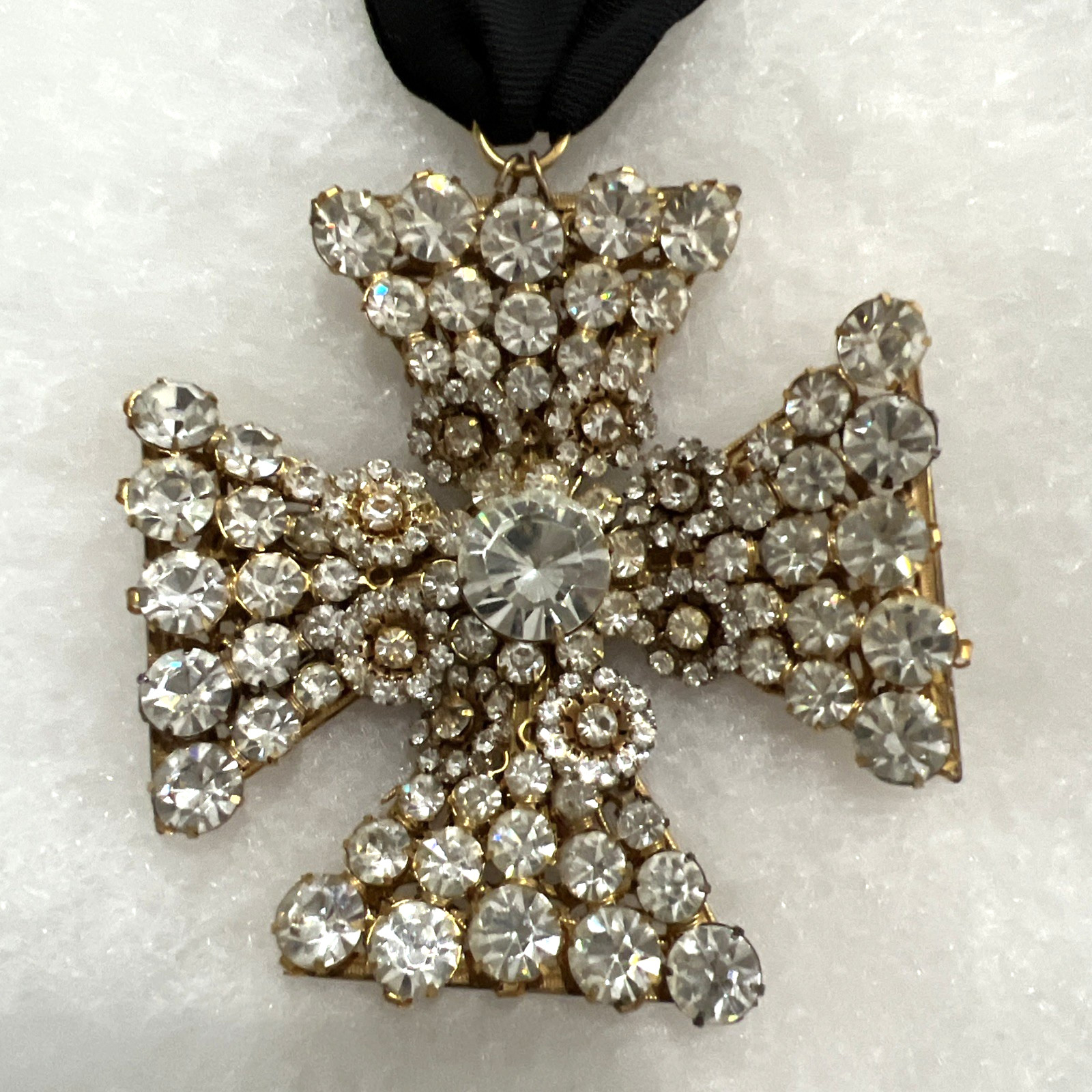 VTG. SIGNED MIRIAM HASKELL RHINESTONE MALTESE CROSS on RIBBON & CROSS BAR BROOCH
