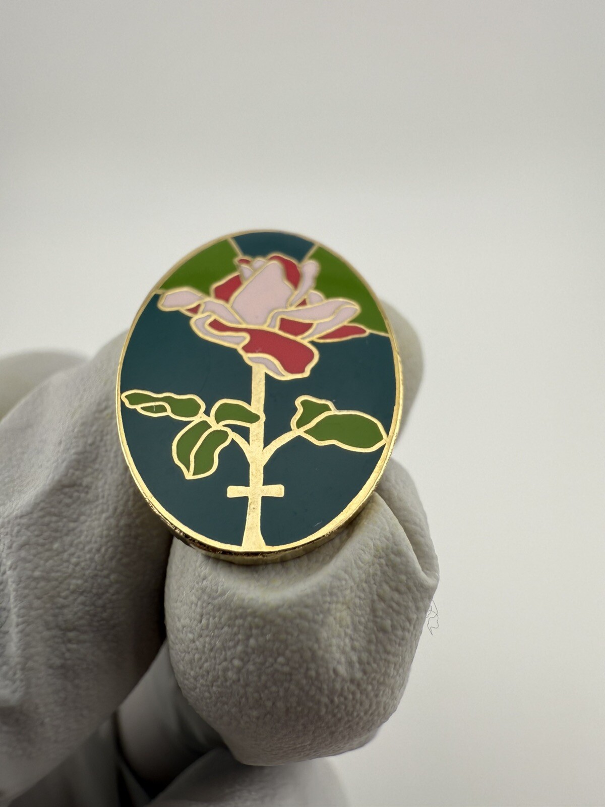 Vintage Green & Pink Rose W/ Cross Valley Casting Gold Tone Enamel Pin