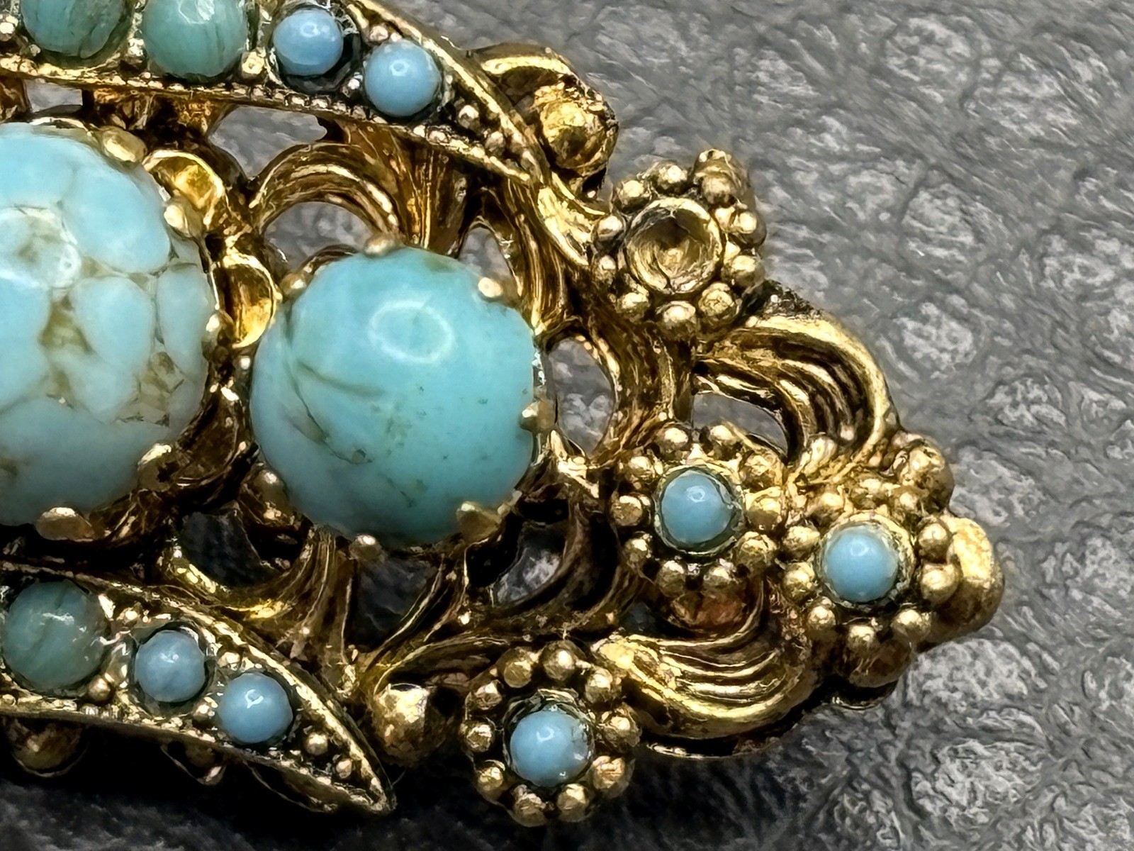 Vintage Victorian Revival Brooch Faux Turquoise Glass Cabochon Pin Ornate READ