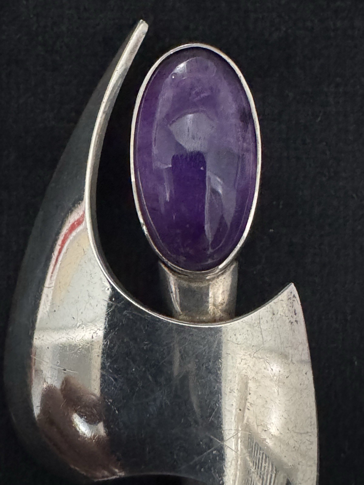 Vintage N.E. From Denmark Sterling Silver & Amethyst Cabochon Modernist Brooch