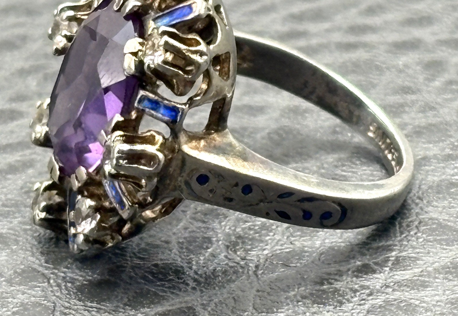 Vintage Huge Purple Sapphire Sterling Silver Blue Enamel Cocktail Ring Size 5.5