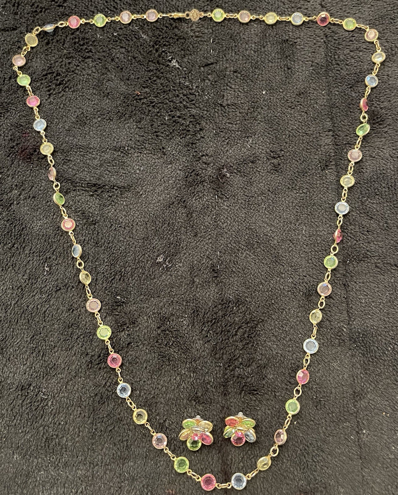 Austrian Crystal USA 36” Necklace, Earrings Open Bezel Multi-Color Gold Tone Vtg