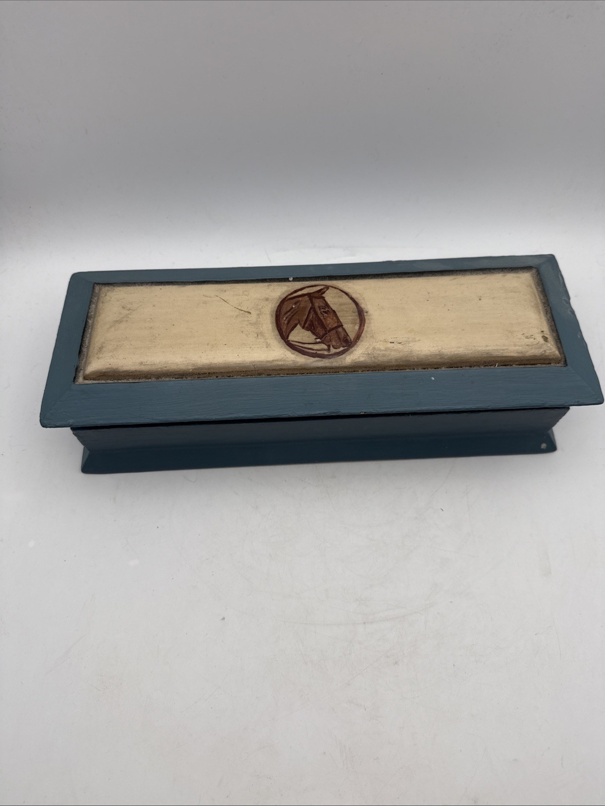 Vintage Wooden Box Blue & White with Hand Painted Horse filled with Jewelry