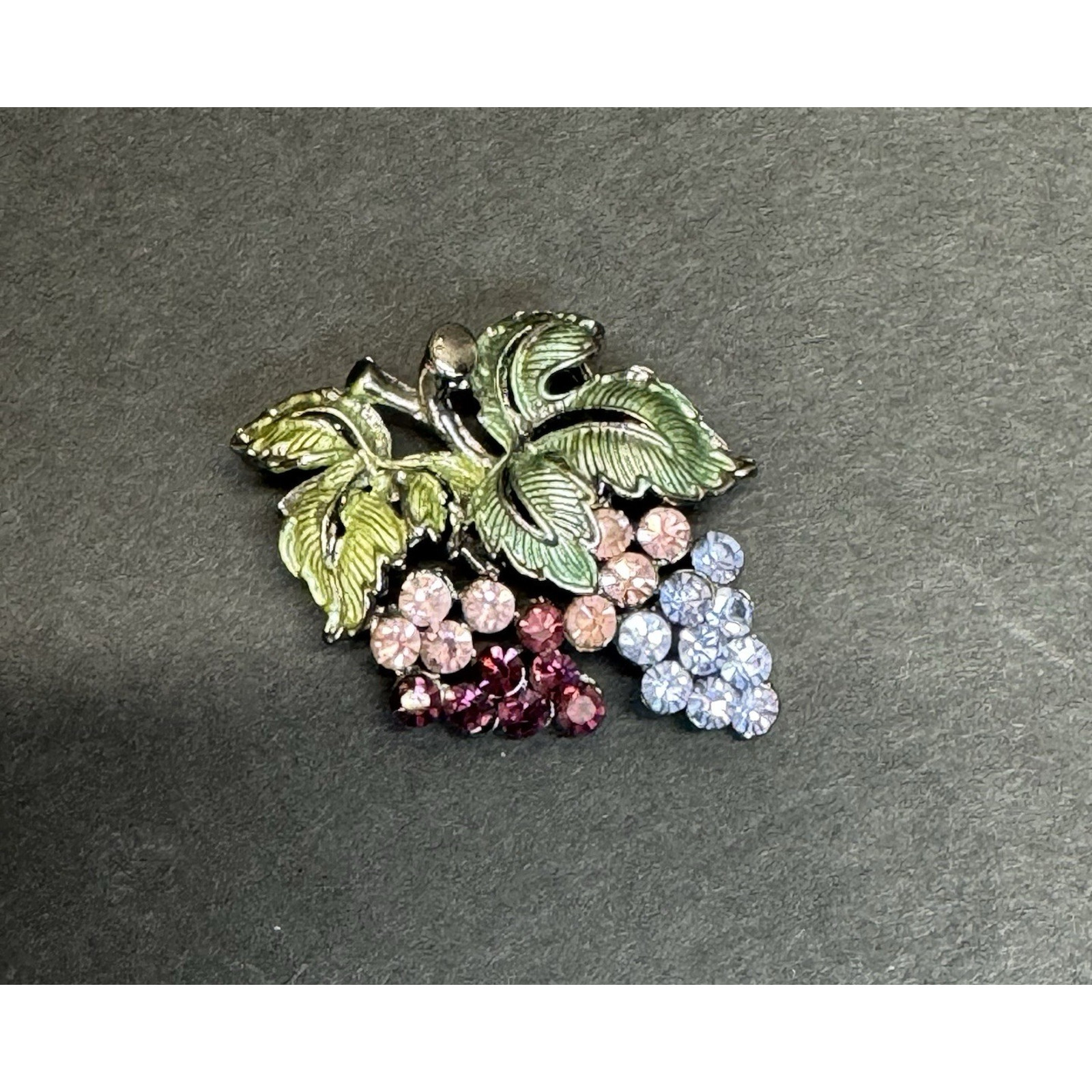 Vintage Grape Cluster Brooch Pin Purple Red Pink Rhinestones Green Leaves