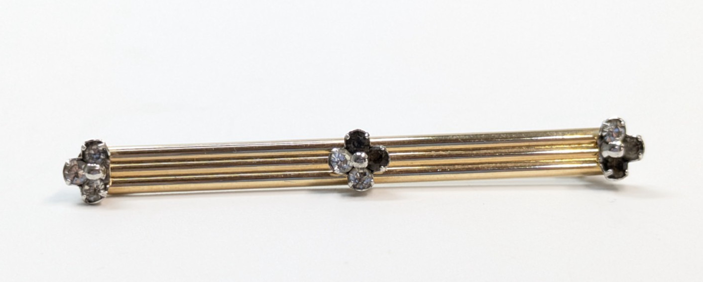 VTG Krementz Ribbed Gold Tone Bar Clear Glass Rhinestone Brooch Pin 2.5″