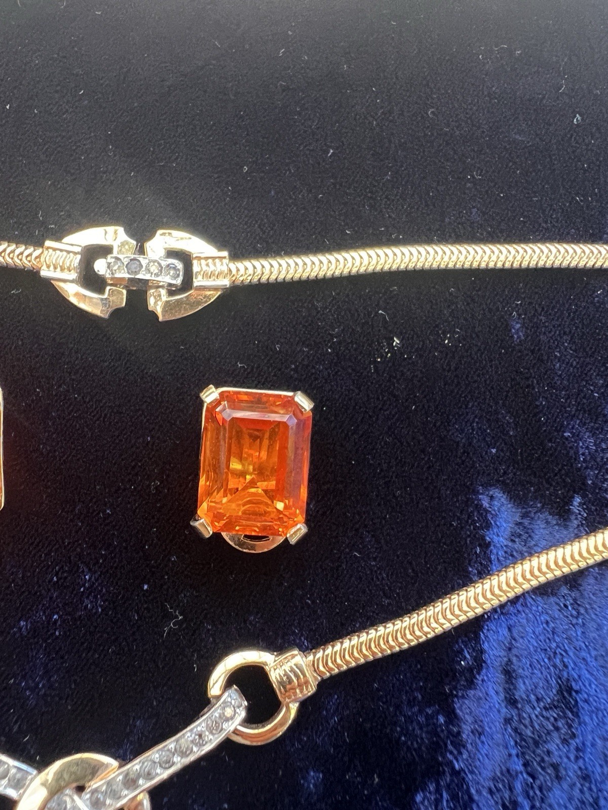 Mazer Deco gold plated faux topaz rhinestones necklace/Earrings 1960’s ca, USA.