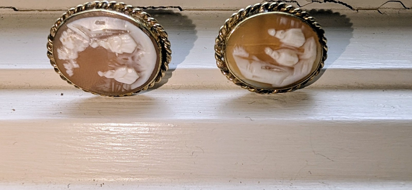 VTG GF Cameo Earrings Rebecca at the Well Rare Hand Carved 12k .75″ Each