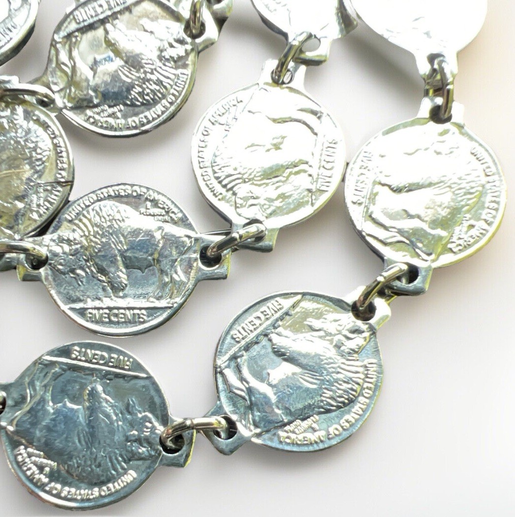 Vintage Southwest Miniature Buffalo Nickel Silvertone Necklace 38”
