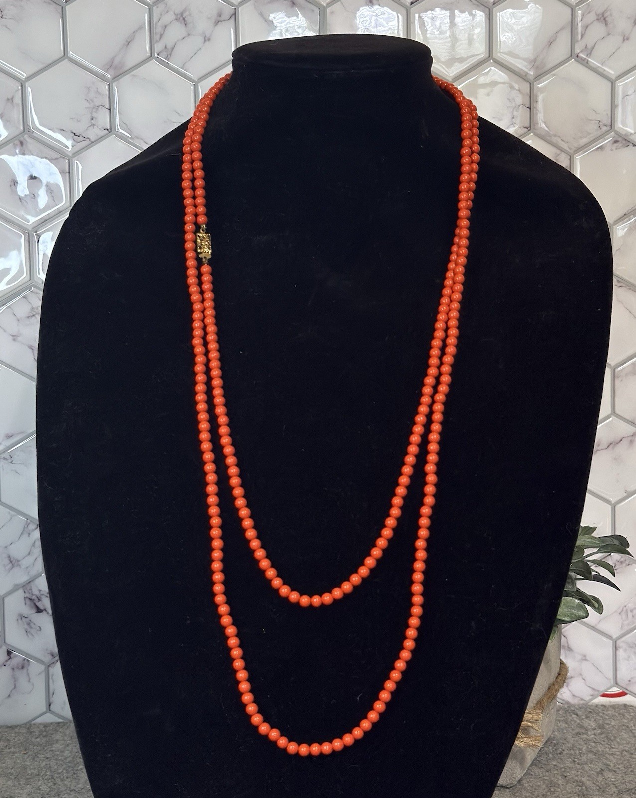Vintage Orange Coral Color Beaded Necklace Gold Tone Filigree Clasp 60″