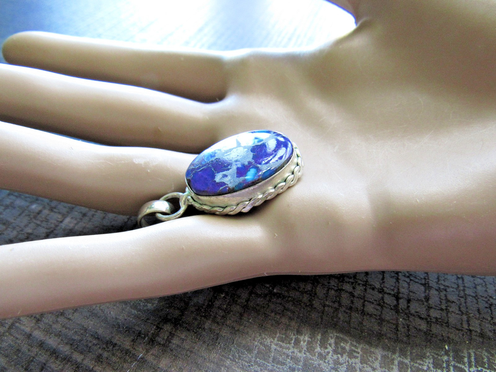 Vintage Silver Pendant Purple & Blue Turquoise Stone Bezel Set Flat Cabochon