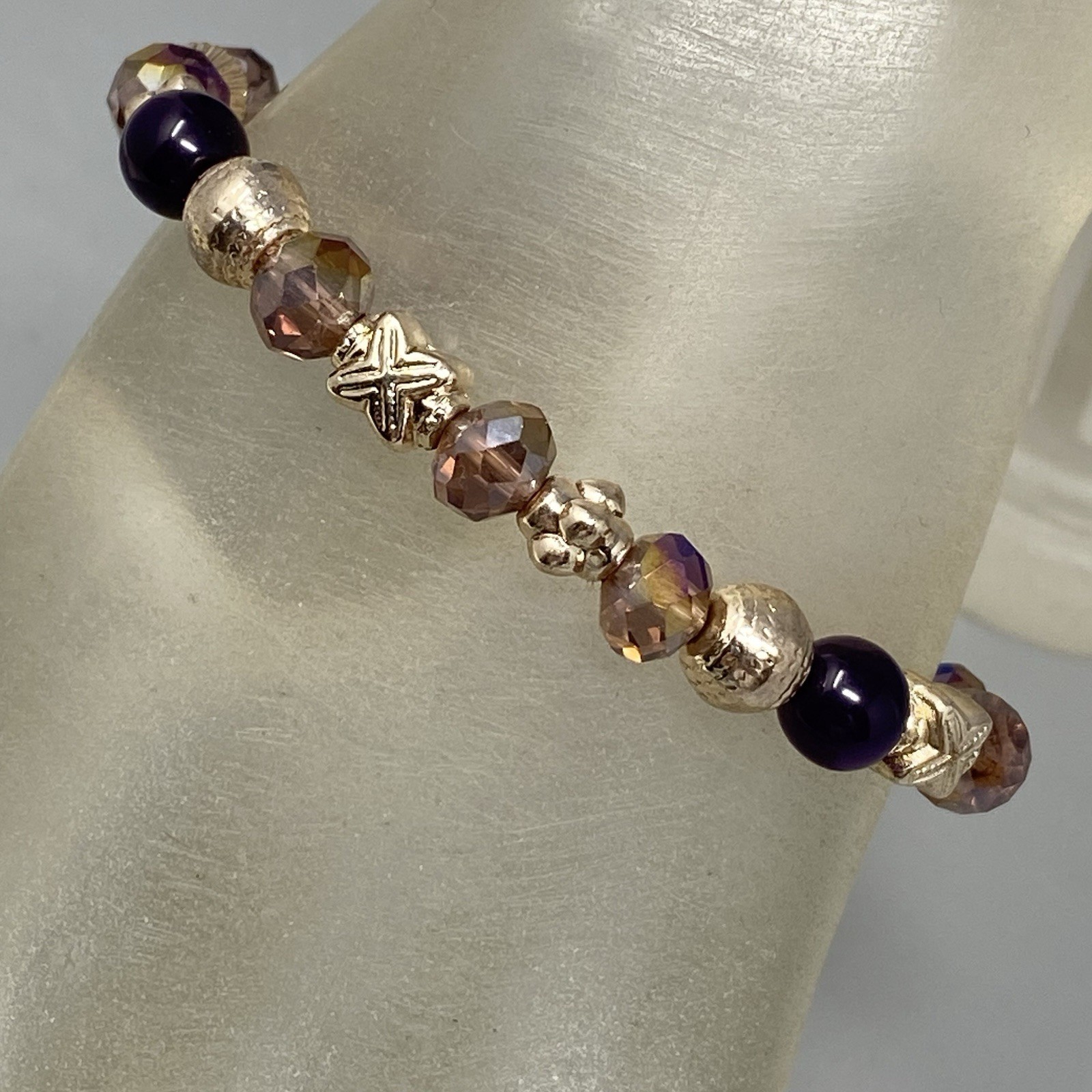 Glass Beaded Bracelet Pink Purple Faceted Fire Polished Acrylic Gold Tone 6.5″