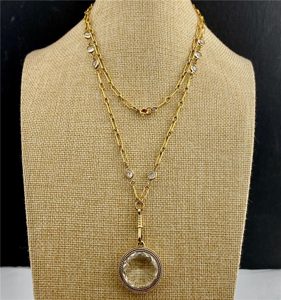 1970’s Bezel Set Crystal Station Gold T. Link Chain Clear Faceted Pendant 34″