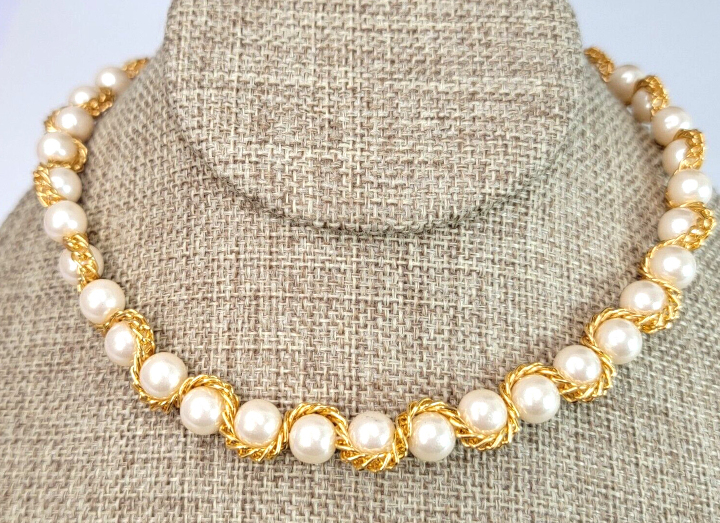 Gold Tone Chain Wrapped Faux-Pearl Necklace 19 Inch Cream Color Hook Clasp