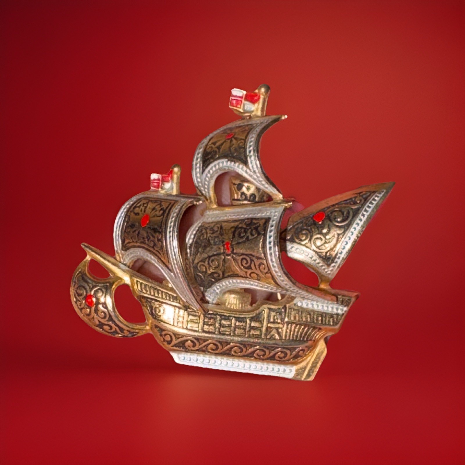 Vintage Spanish Damascene Galleon Ship Brooch Pin 1950s 1960s Toledoware Spain