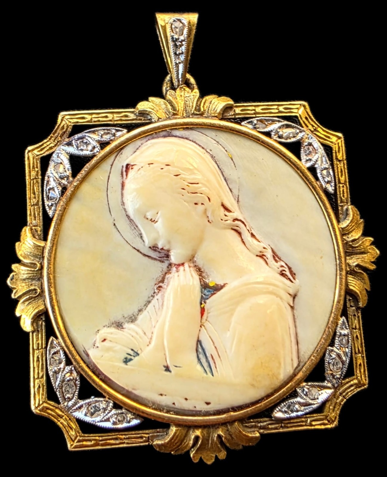 Antique Virgin Mary Medal Pendant 18k Gold Rose Cut Diamonds Catholic Art Deco