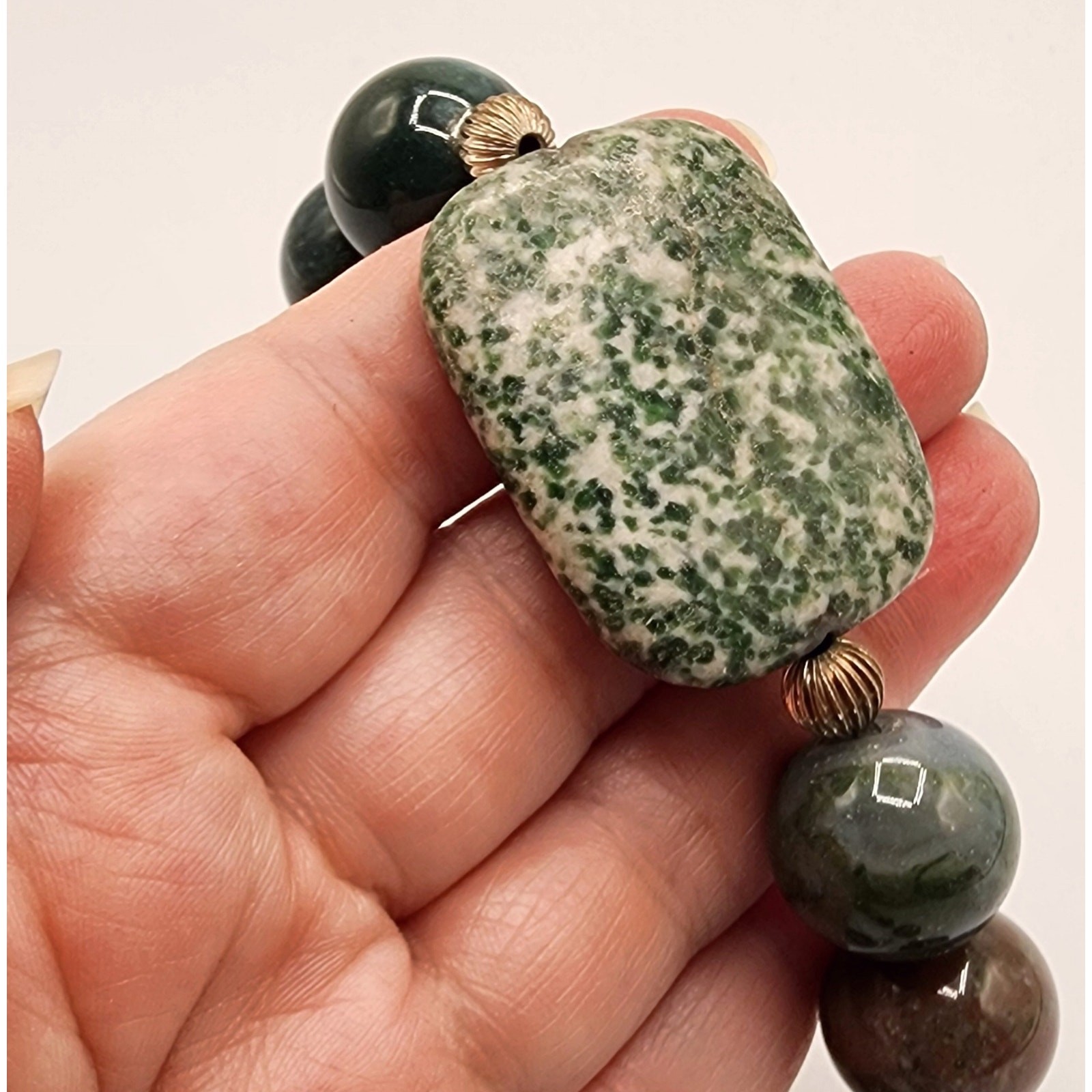 Vintage Artisan Agate & Pearl Necklace w/ Green Spot Jasper and Sterling Clasp
