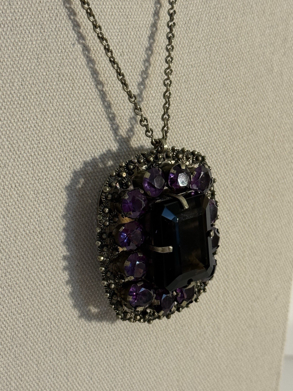 Vintage Thai Amethyst Smoky Quartz Pendant Large Statement Necklace