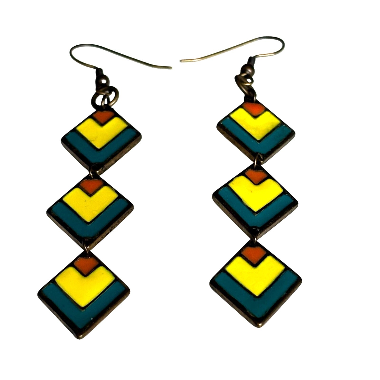 Vintage 70’s pierced earrings mod drop & dangle tassel colorful enamel finish