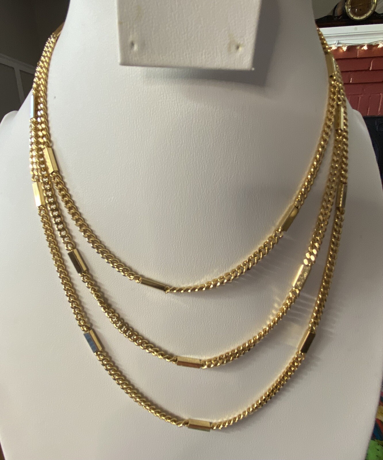 Vintage Trifari Gold Tone Bar Link Station Chain Opera Length Necklace 53.5