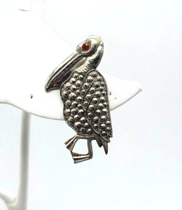 Vintage Silver Tone With Red Rhinestone Eye Pelican Brooch Pin Made In Japan