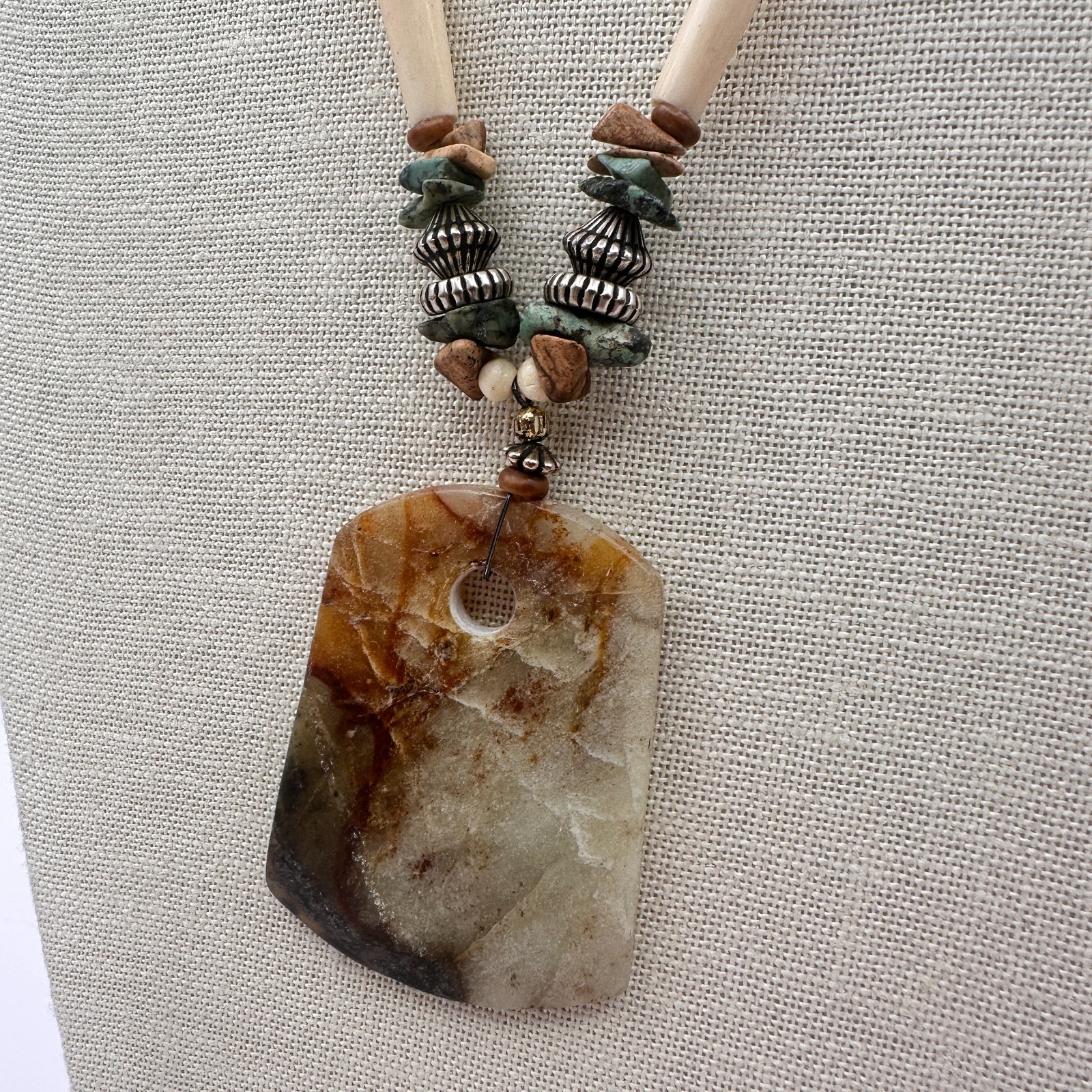 Vintage Southwestern Earthy Resin Pendant Hairpipe Necklace Boho Bead Statement