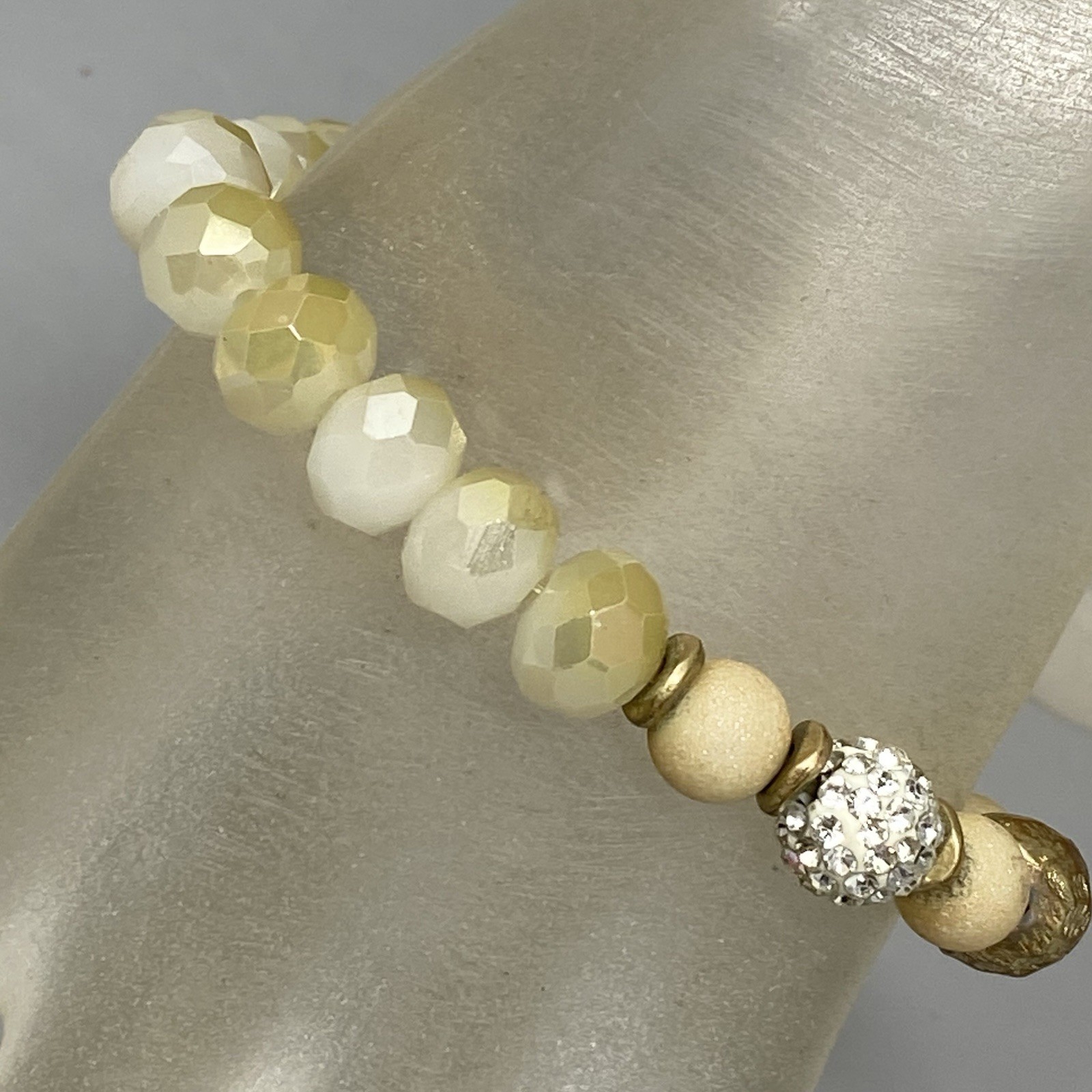 Glass Beaded Bracelet White Opaque Yellow Fire Polished Faceted Stretch 7″