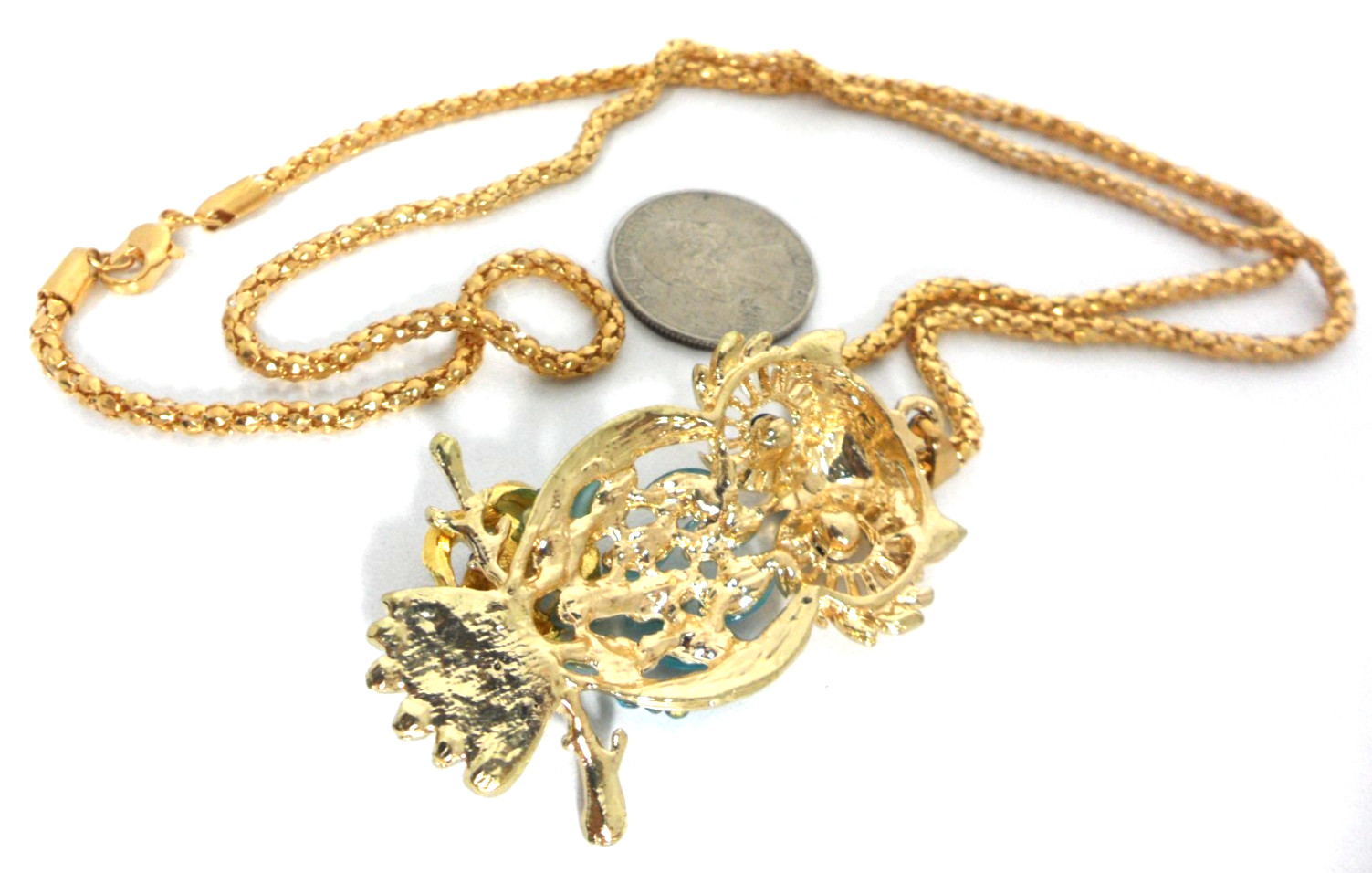Blue Rhinestone Owl Pendant Necklace 26″ Long Popcorn Chain Granny Core Vtg