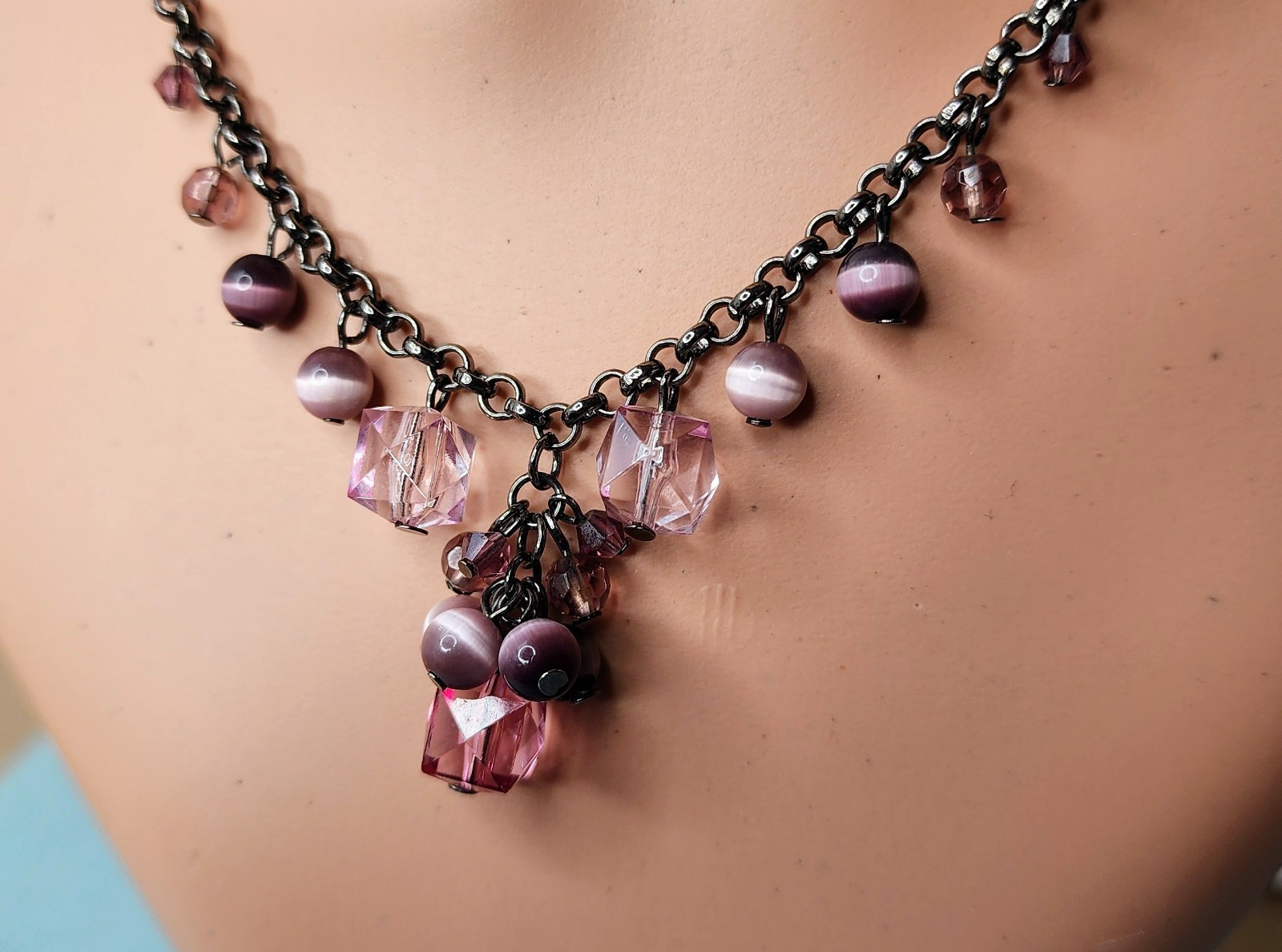 Vintage Style Pink Crystal & Cat Eye Bead Gunmetal Necklace