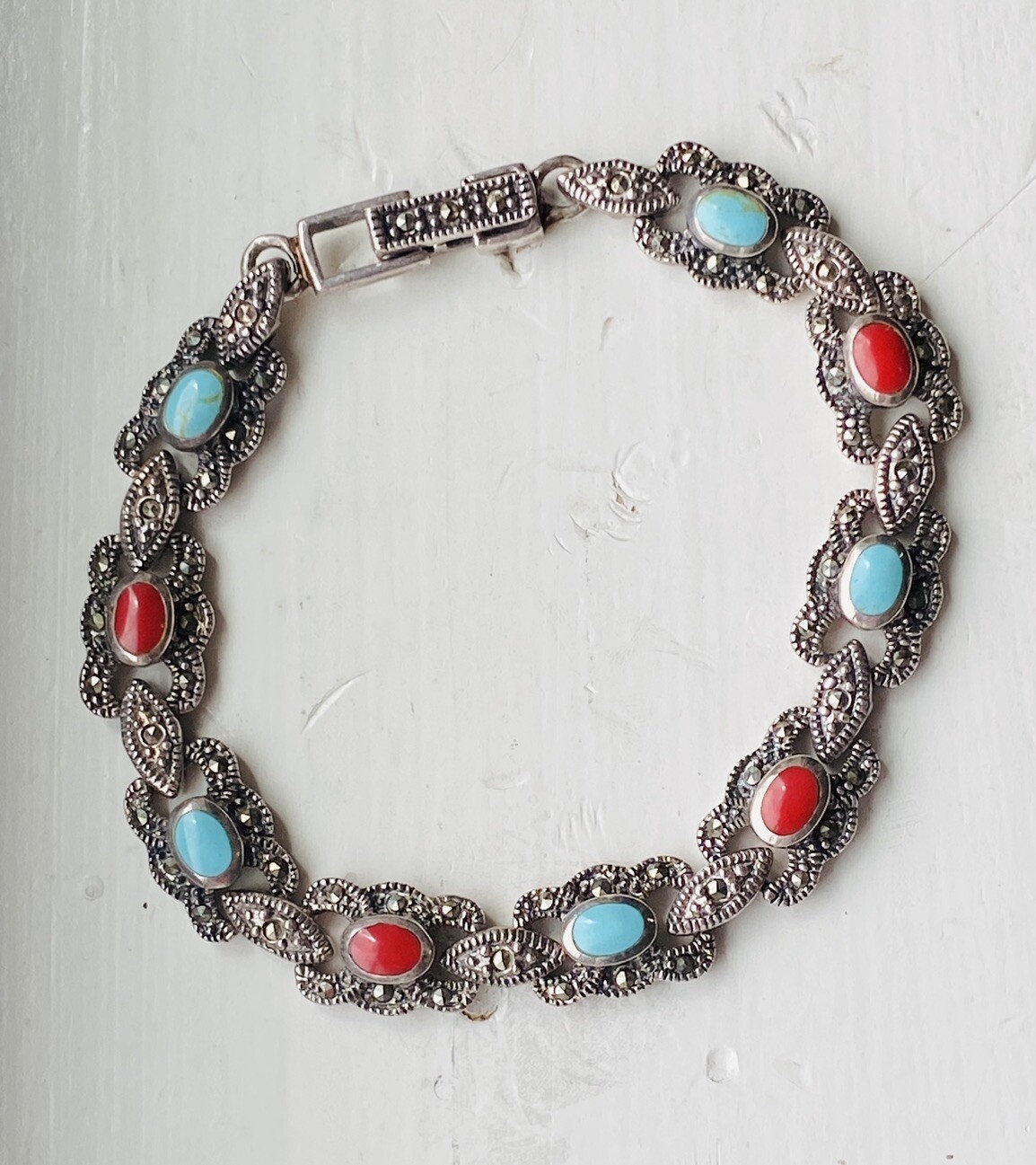 Vintage Sign Sterling Silver Multi Stone Turquoise Coral Marcasite Link Bracelet