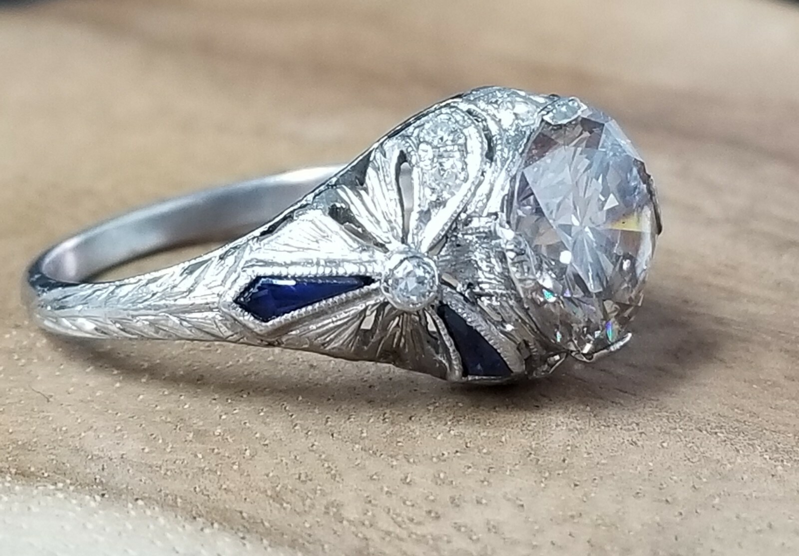 18k White Gold Vintage Filigree Engagement Ring 2.65ct Round Champagne Diamond