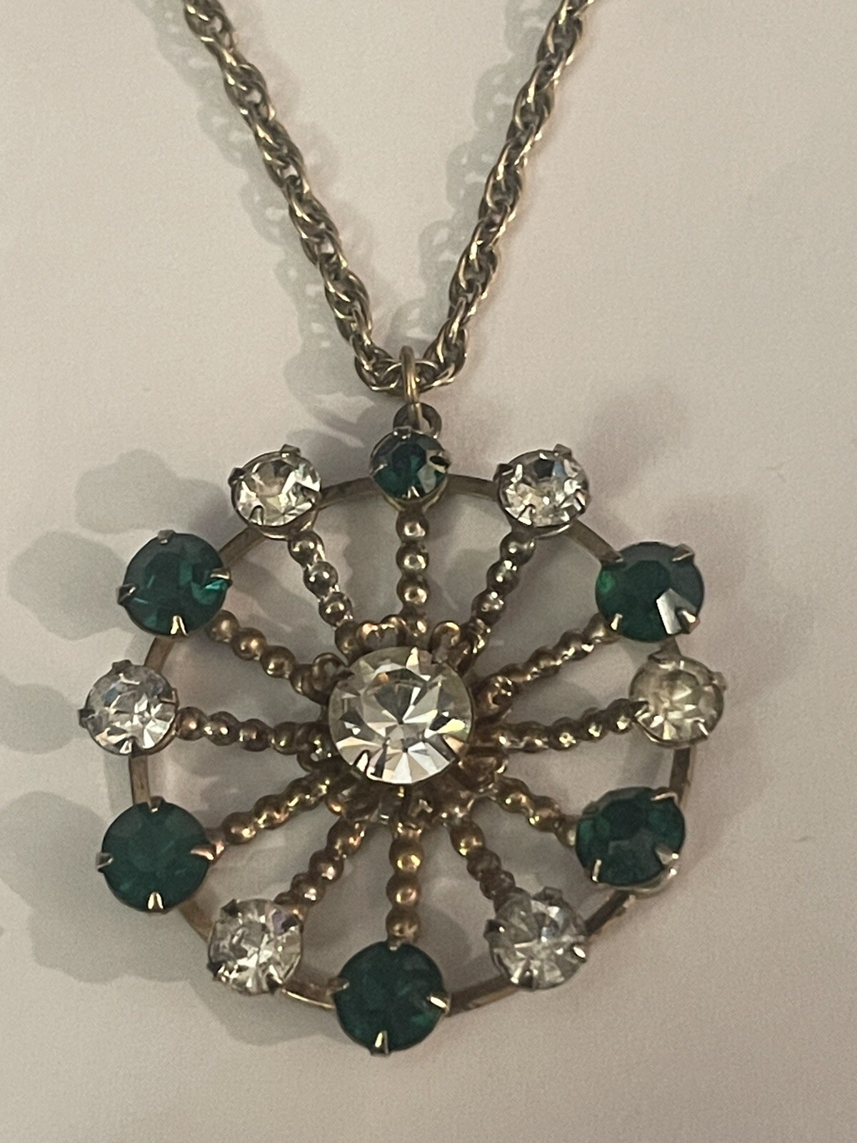 Vintage CA Co 12K Gold Filled 24″ w Green & Clear Stone Starburst Pendant🌺🌺