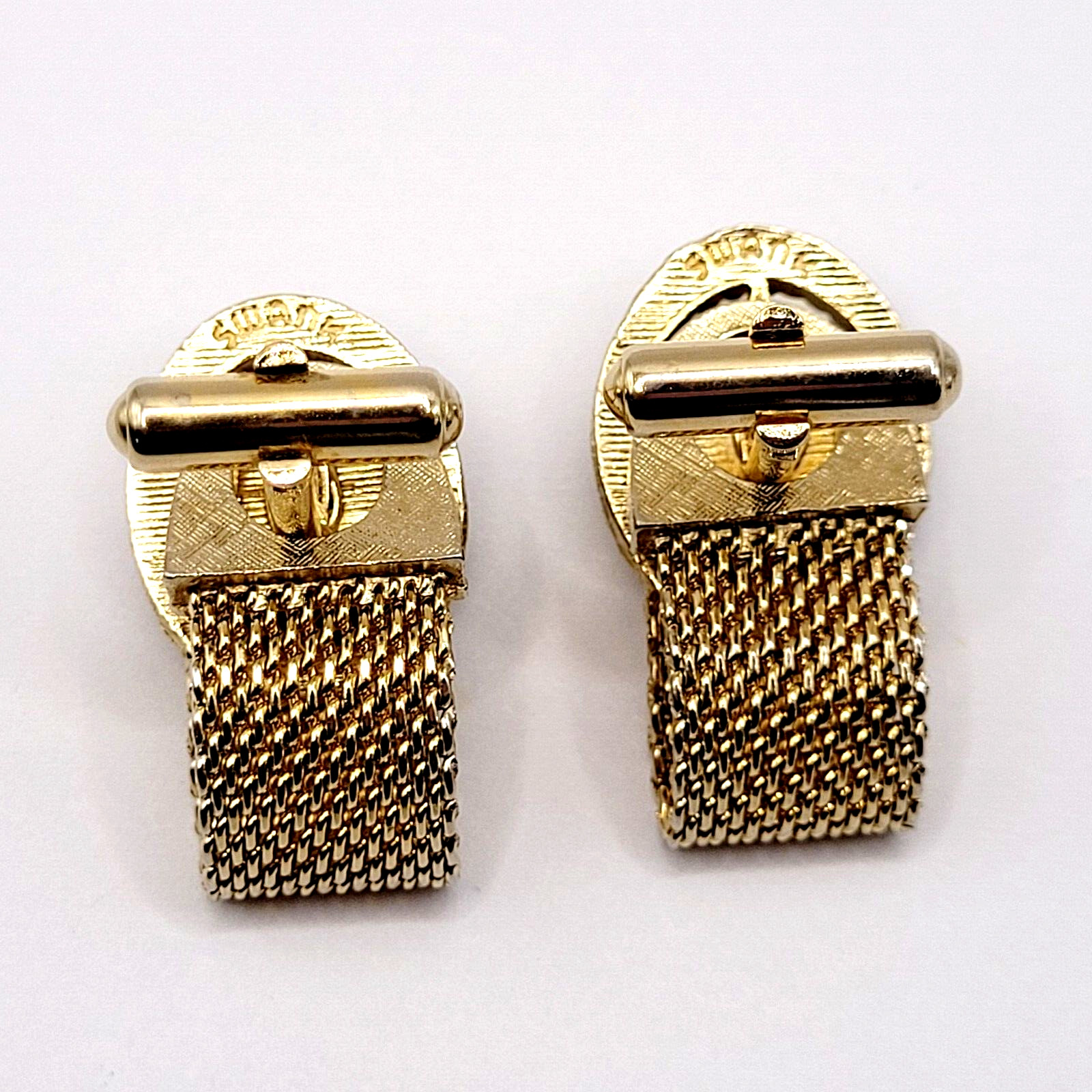 Swank Brown Lucite Tigers Eye Cabochon Center Gold Mesh Wrap Fancy Cufflinks