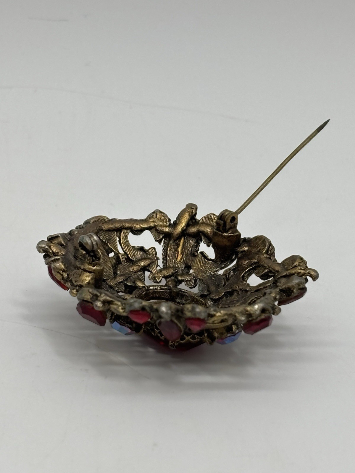 Vintage Red And Iridescent Rhinestone Brooch Antique Gold Tone 2”
