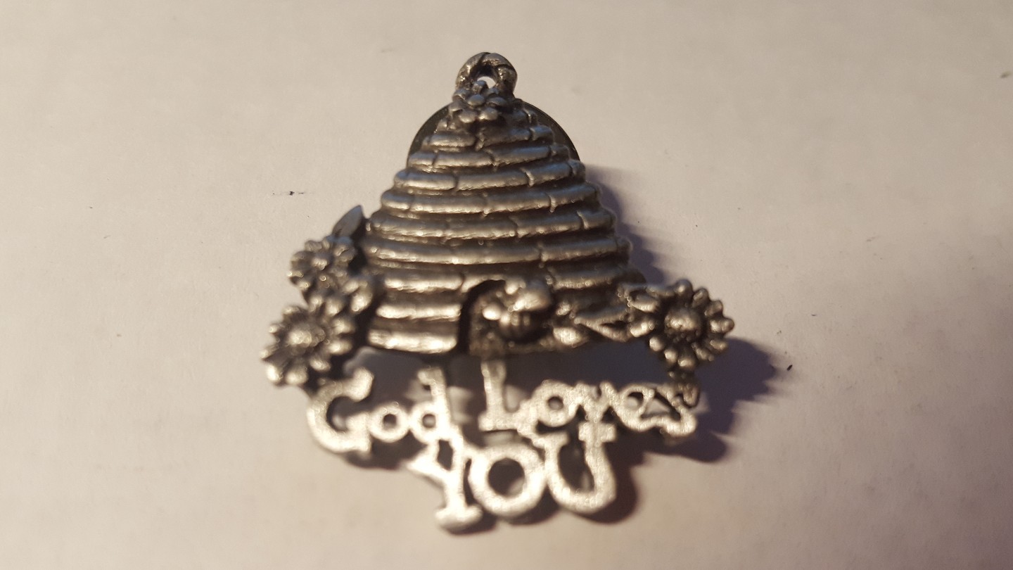Beehive Lapel Pin God Loves You Sunflower Pewter Religious Saying