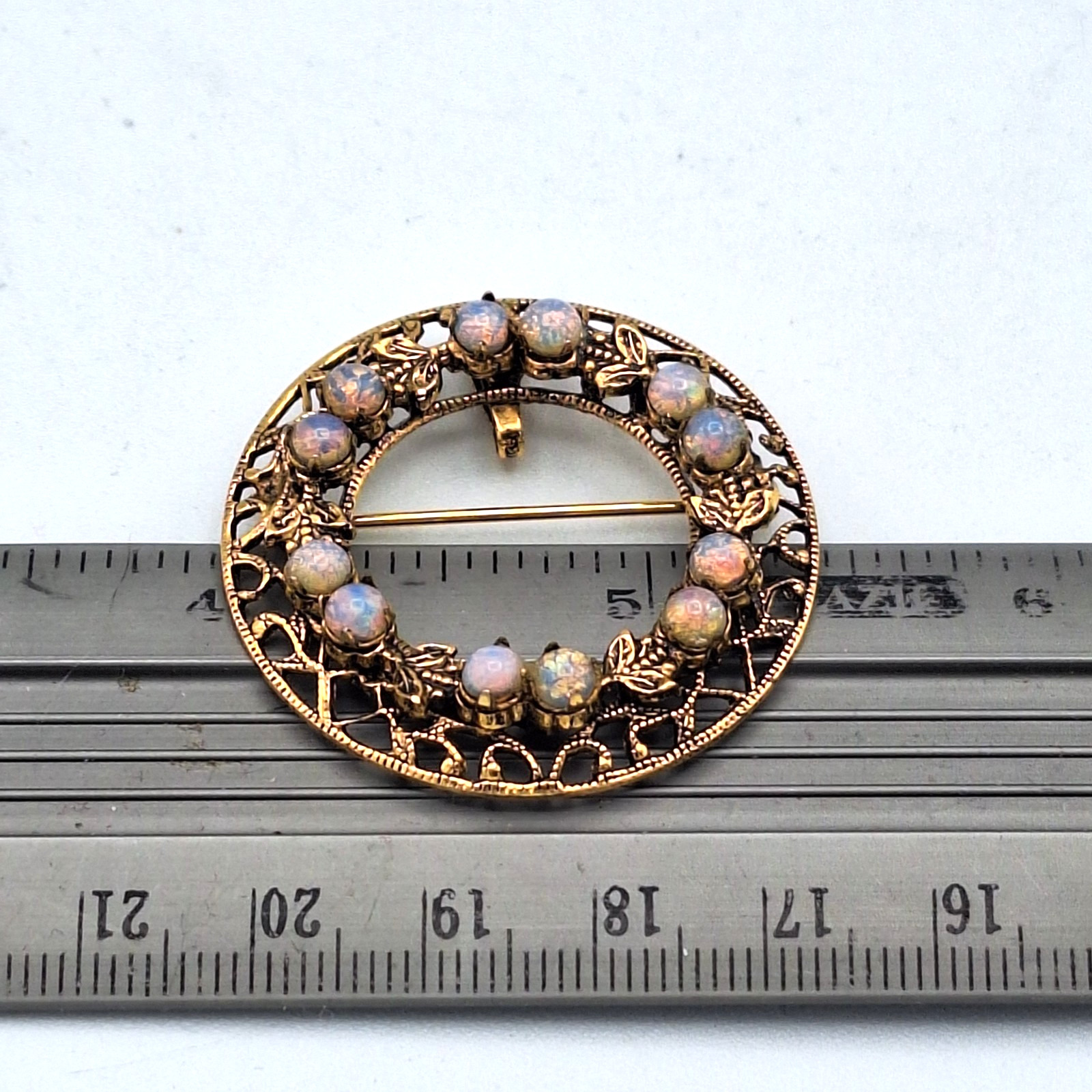 Vintage Faux Opal Filigree Wreath Brooch Pin with Pendant Bail, Gold Tone, 1.25″