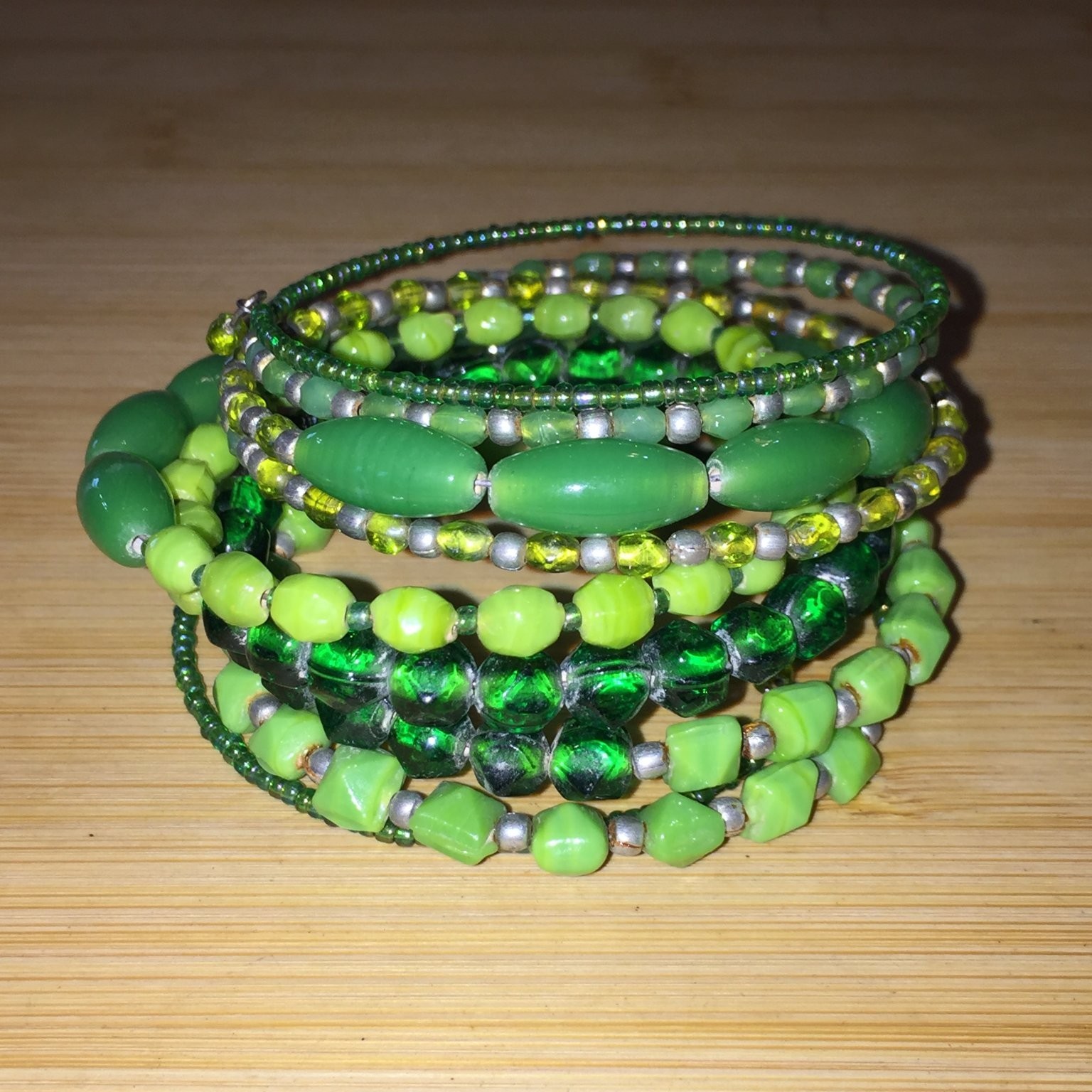 Vintage Multi-Strand Coil Wrap Bracelet Green Glass Acrylic Beads Boho