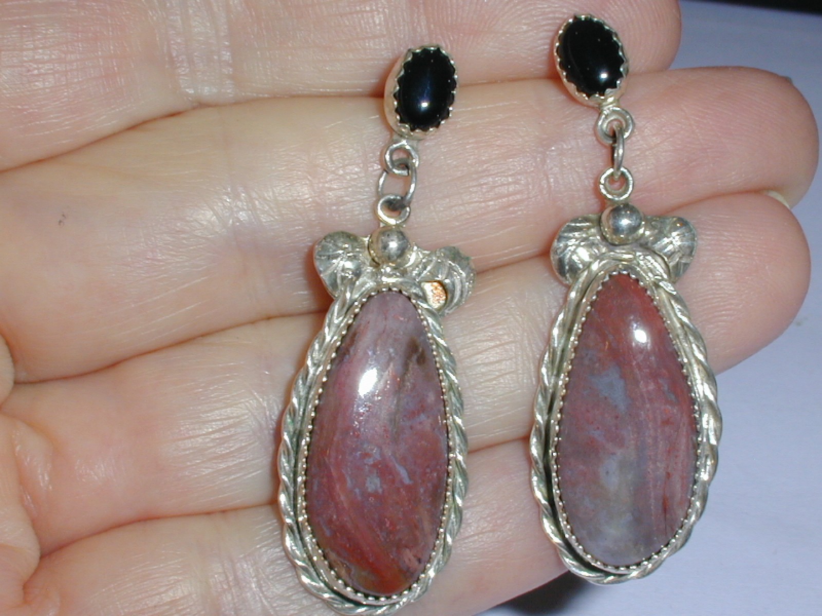 VINTAGE DESIGNER-L & D DESIGN STERING SILVER JASPER & BLACK ONYX DANGLE EARRINGS
