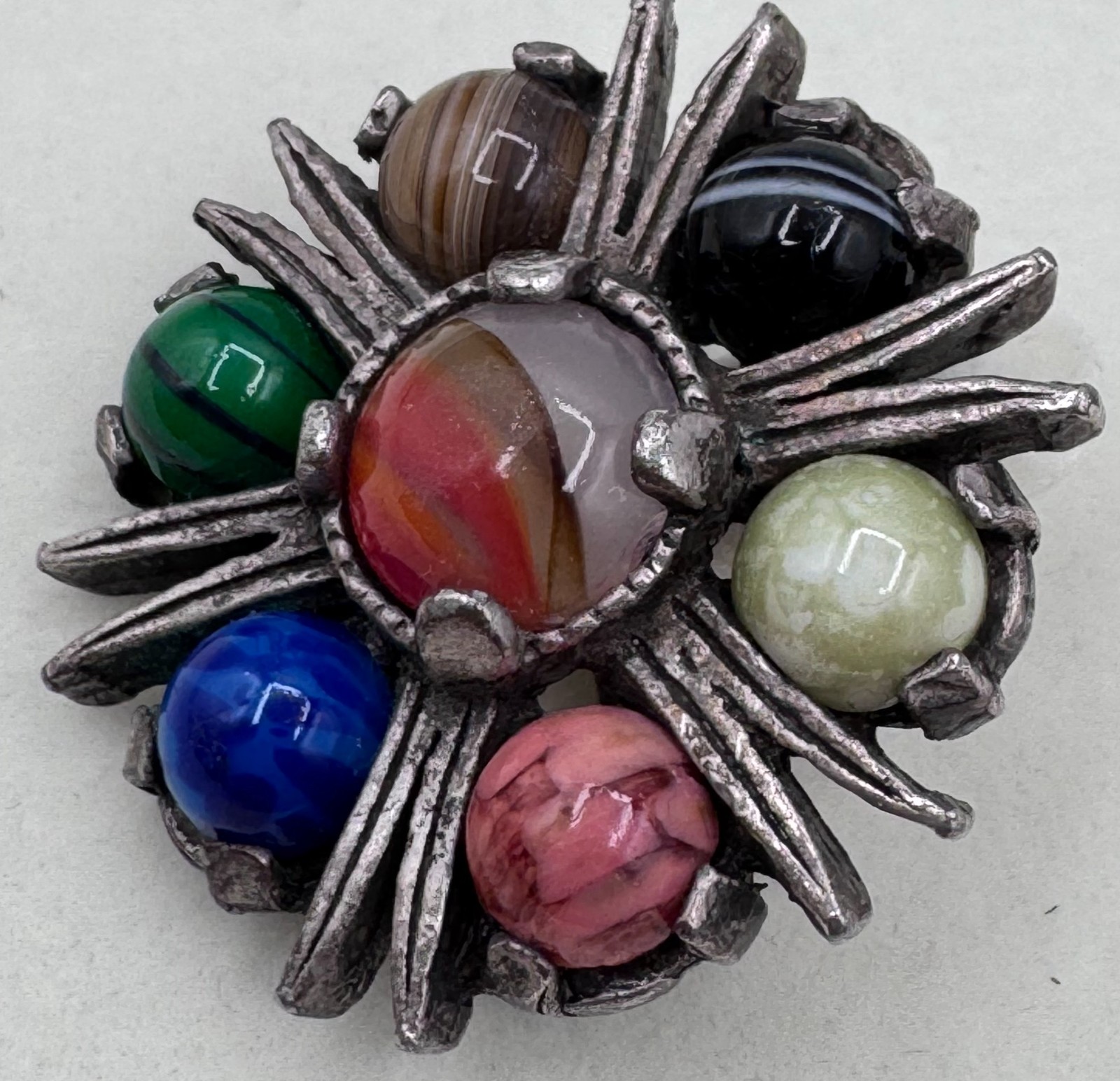 Vintage Miracle Scottish Celtic Pewter Agate Multi-Stone Starburst Brooch Pin