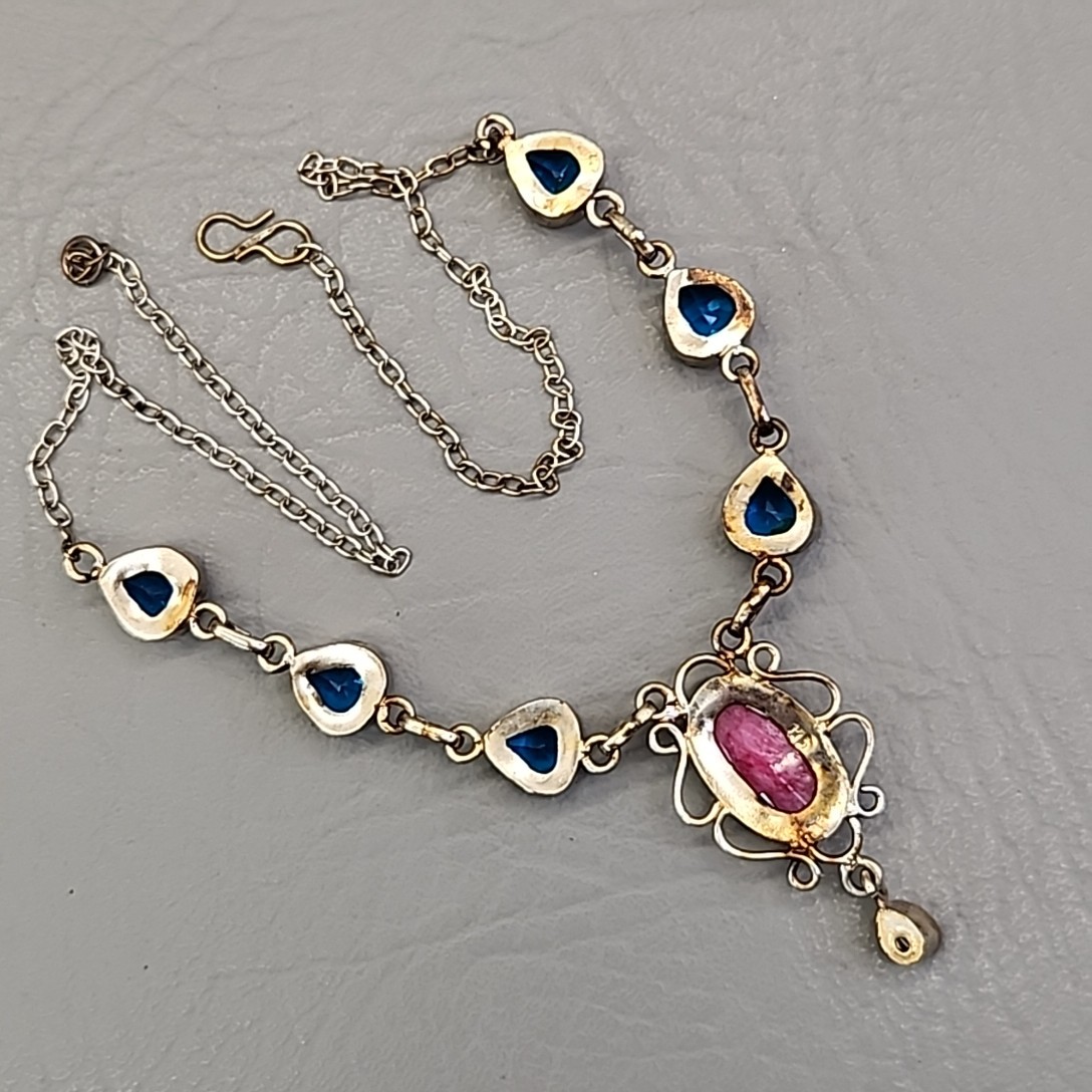 Vintage Glass Bead Necklace Blue Beads Pink Quartz Artisan Silver Tone 18.75″