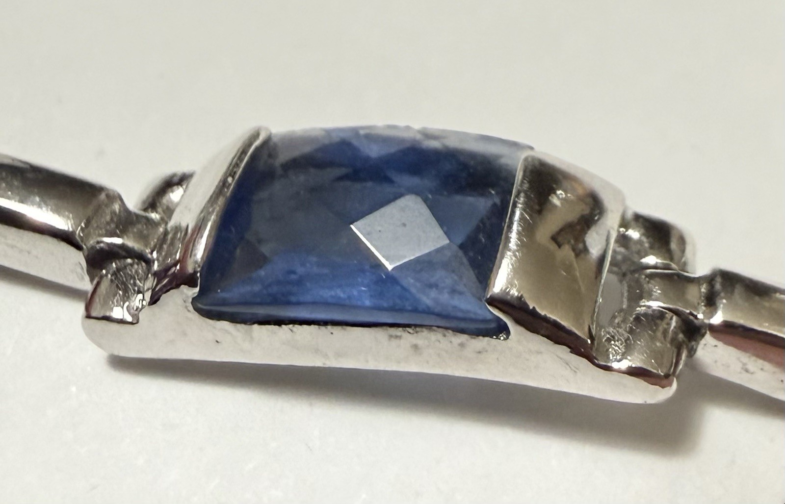 Vintage FAS Sterling Silver Blue Faceted Stone Station Bar Link Bracelet 7”, 10g